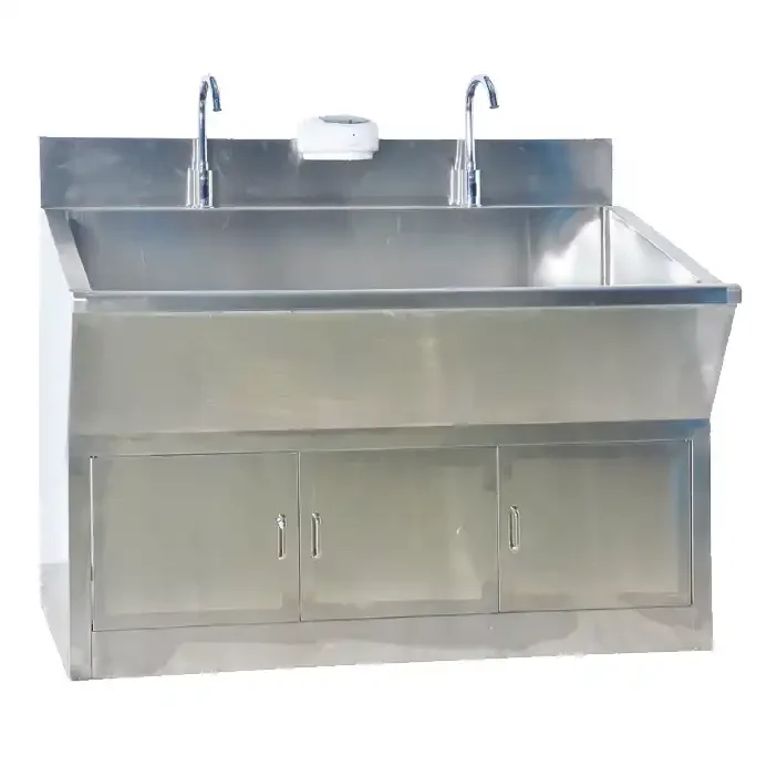 Hot Sale Medical Stainless steel hand wash basin with sensor Double sink hand washing with Induction faucet for hospital