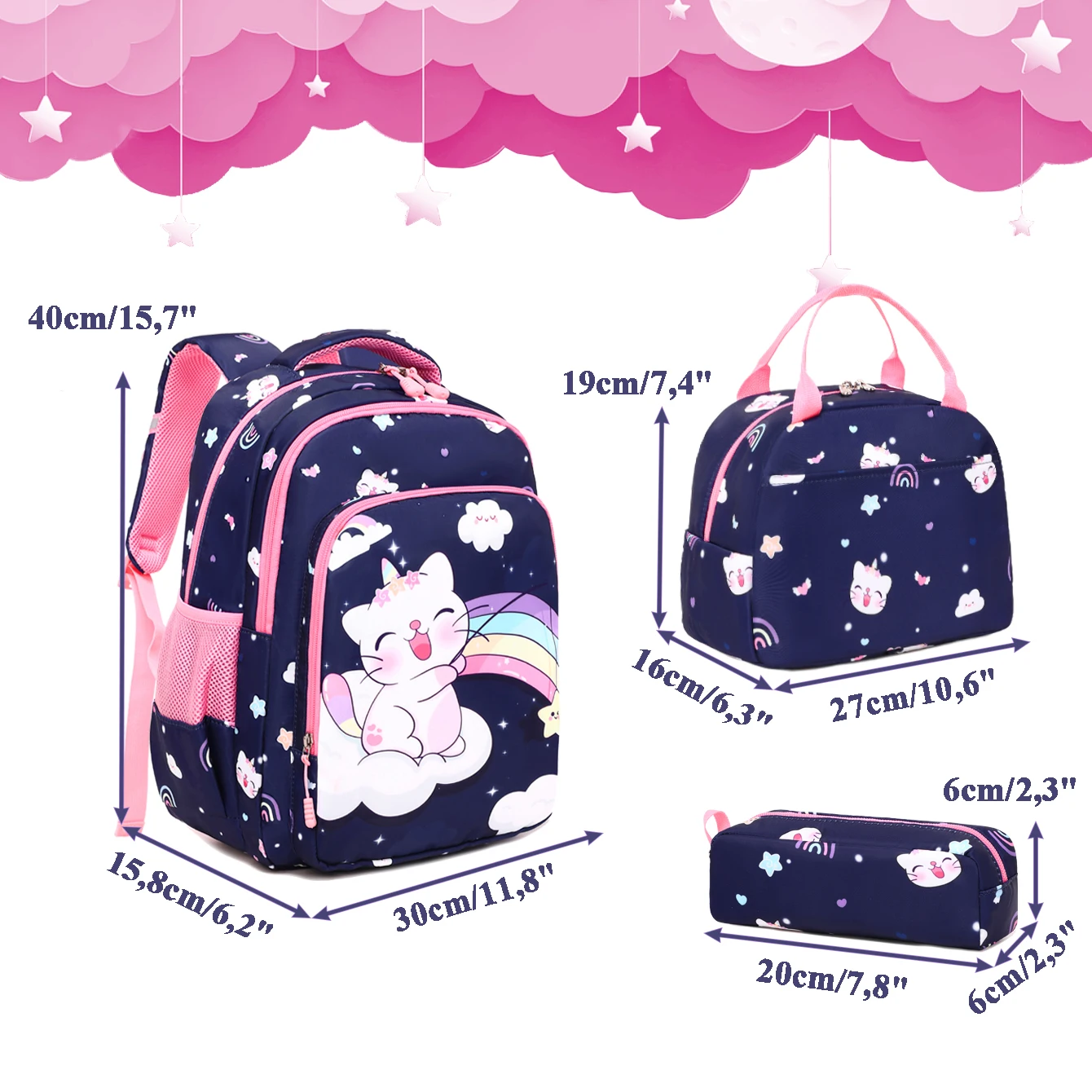 Hot-selling 3-in-1 Cute Cat Pattern Durable Waterproof School Backpack Set for Girls Kids Schoolbags Daily Use Book Bags