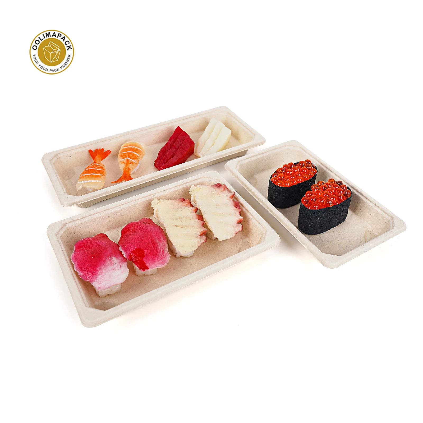 OOLIMA Disposable Bagasse Sugarcane Sushi Plate Food Container Kraft Sushi Rice Box Packaging