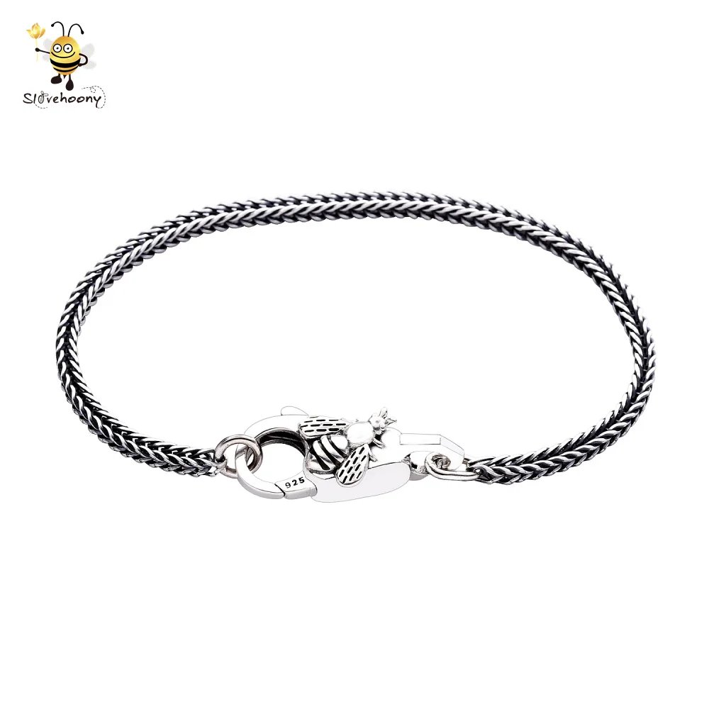 Slovehoony Europe DIY Bracelets 100% 925 Sterling Silver Vintage Gray Snake Chain Plum Buckle Bracelet For Unisex