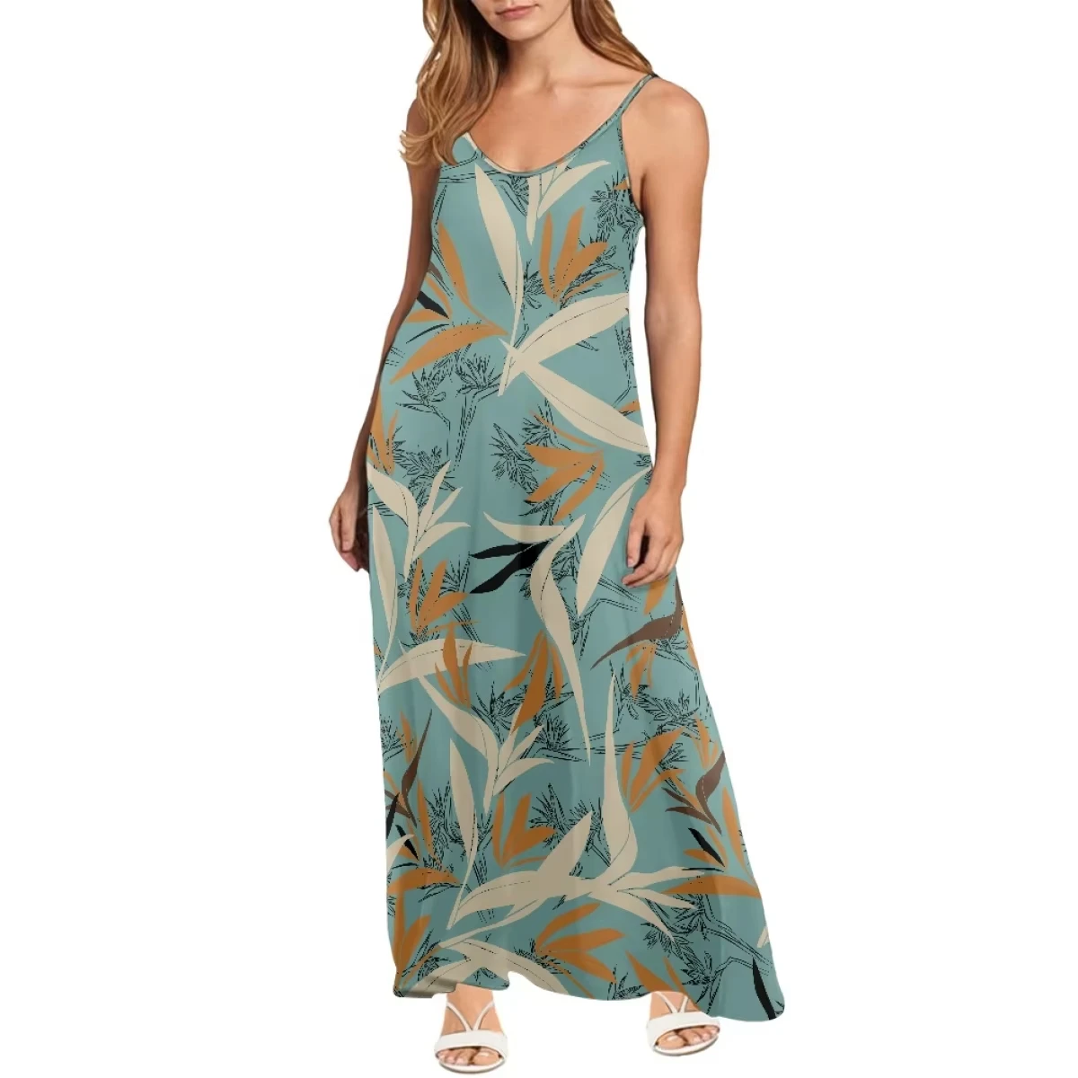 Sublimation Custom Hawaii Bird of Paradise Flower Beach Maxi Ladies Dresses Chiffon Long Women Maxi Casual spaghetti strap Dress