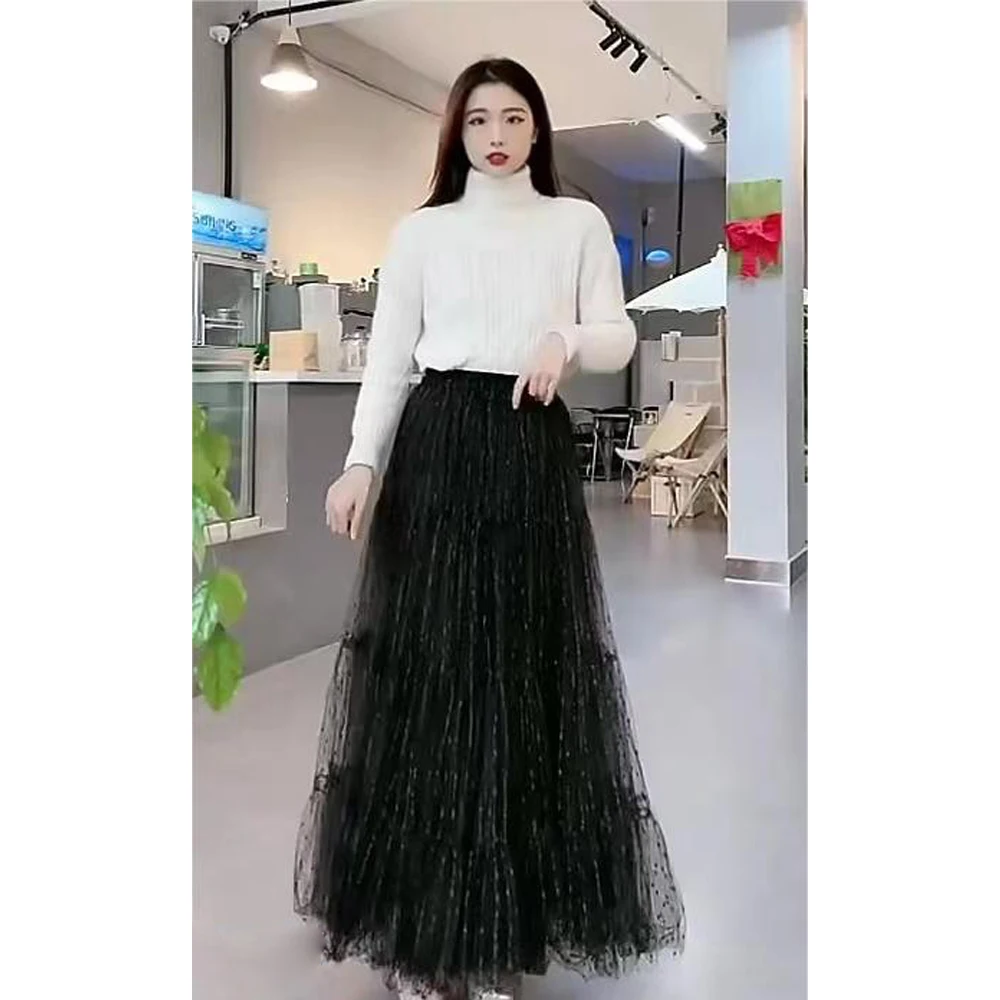 High quality summer irregular skirts Gold thread dot A-line mesh casual ruffle skirt women skirts elegant