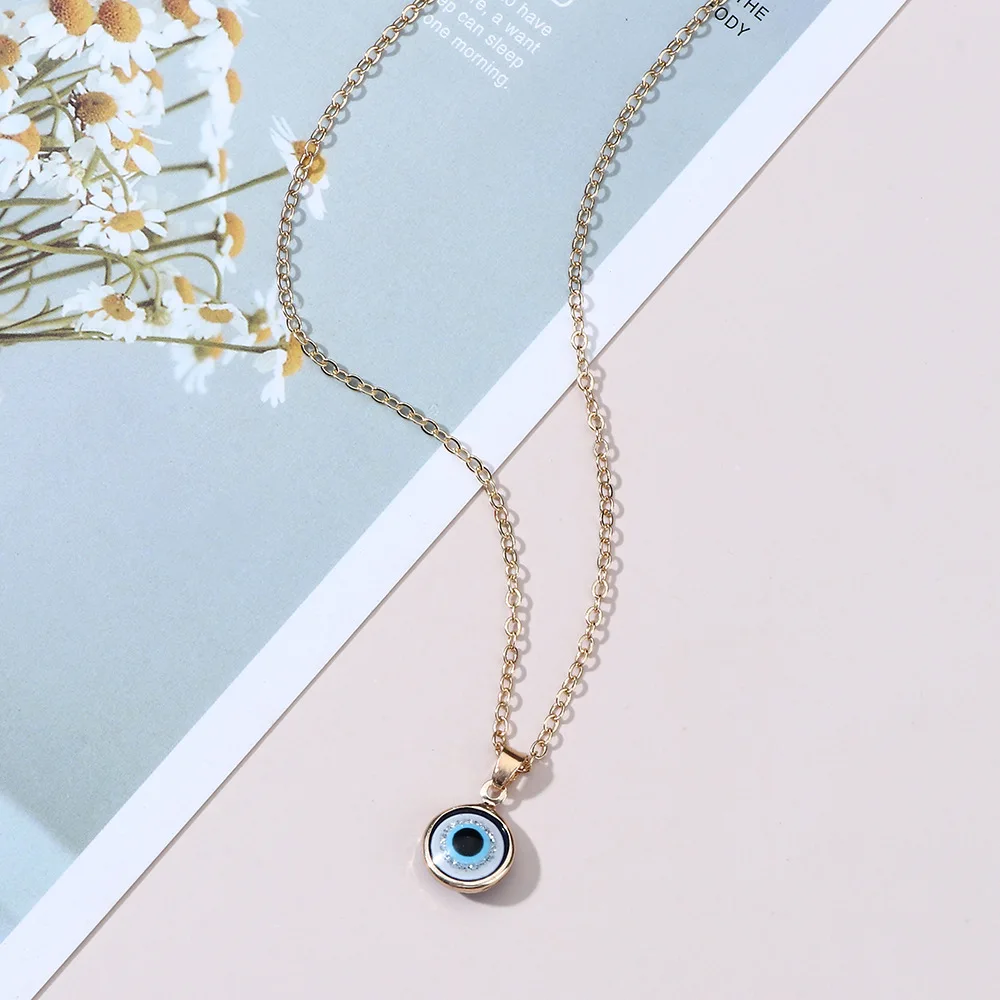 Wholesale Gold Plated Round Pendant Women Girls Blue Evil Eyes Necklace Jewelry For Gift