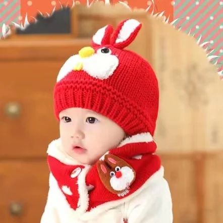 Hot Selling Winter Knit Bay Hat And Scarf Gloves Set Rabbit Plush Crochet Wool Baby Hat For Kids