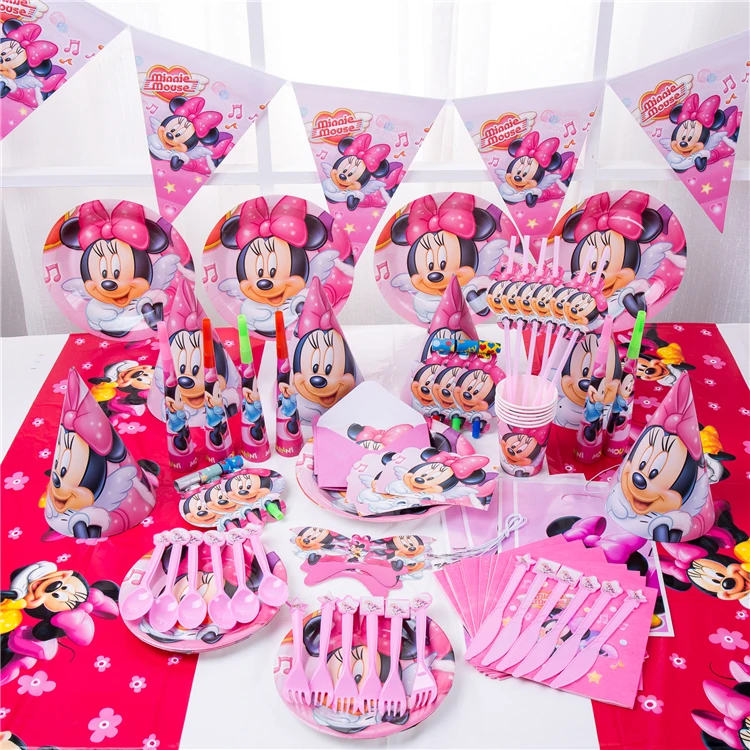Cartoon Minnie Theme Kid Birthday Party Supplies Paper Plates Cups Straws Kids Girl Mouse Birthday Party Disposable Tableware