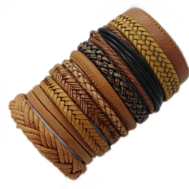 Men Brown Bracelets 10pcs/set Wrap Woven Fashion Handmade Men Bracelets Women Leather Bracelet Men Bangle Wholesale Jewelry Gift