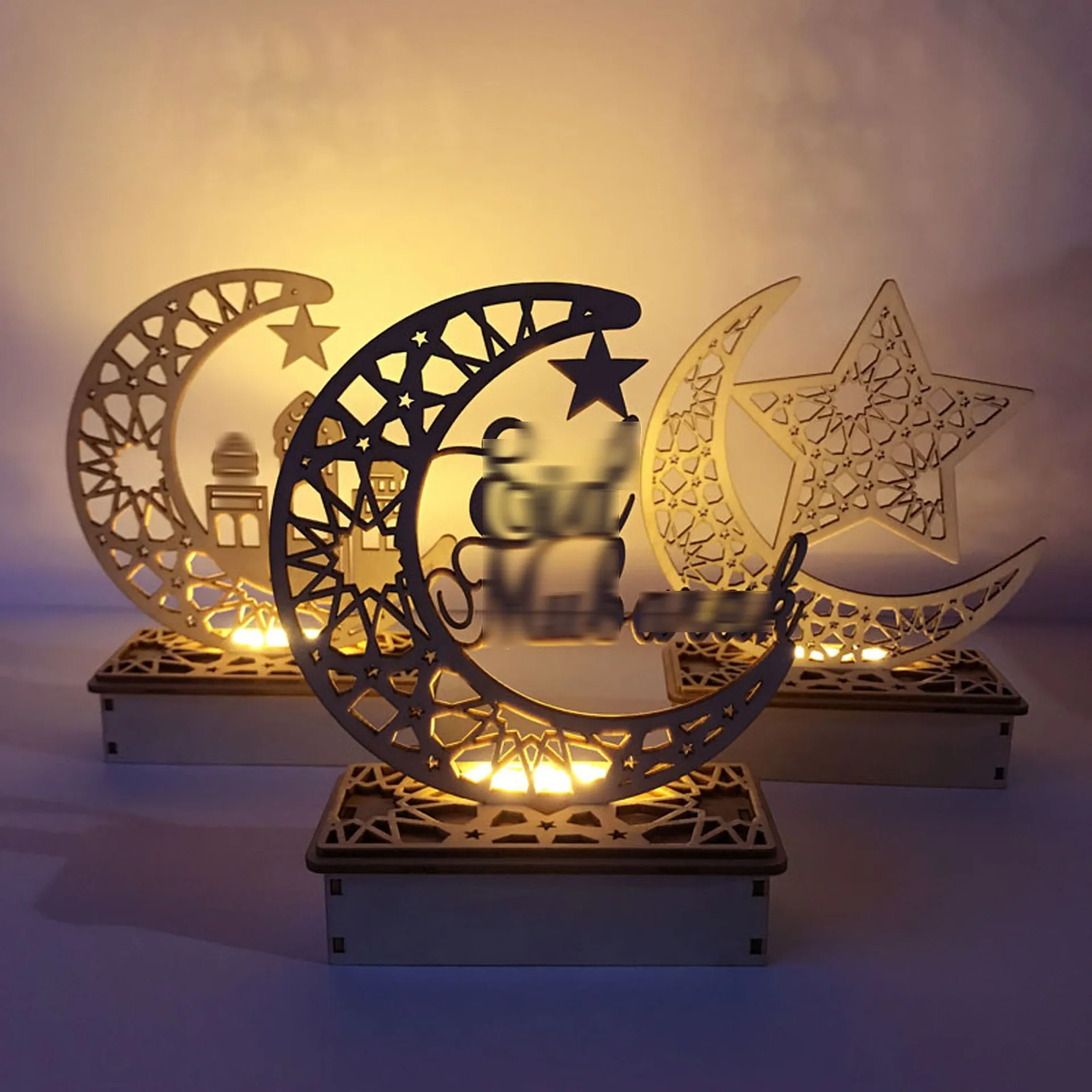 Mubarak Ramadan Eid Moonlight Lamp Wholesale Home Decor Kids Night Lights Wood Model for Muslim Festival Hanging Ornaments