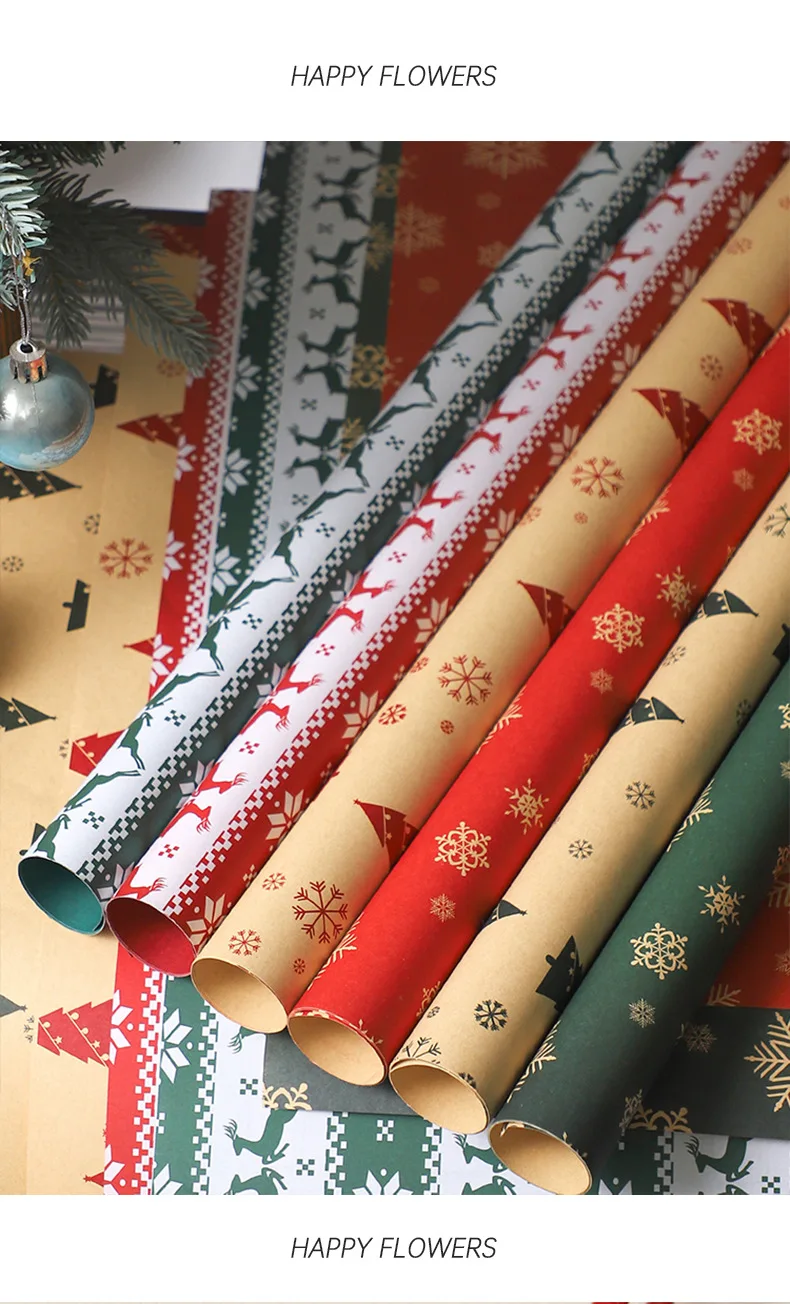 New Year Korean Style Christmas Kraft Paper Coated Flower Wrapping Paper with Snowman Reindeer and Tree for Gift Boxes Crafts