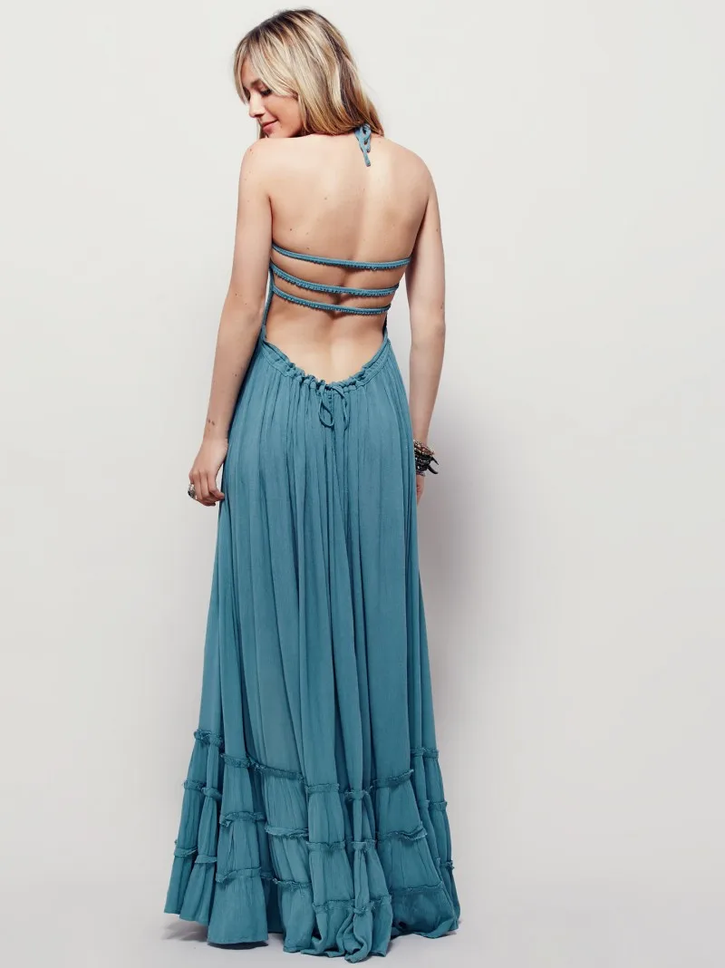 Summer New Boho Crinkly Strapless Maxi Dress Halter Tie Beach Linen Dresses Seam Hem Low Strappy Back Casual Dress