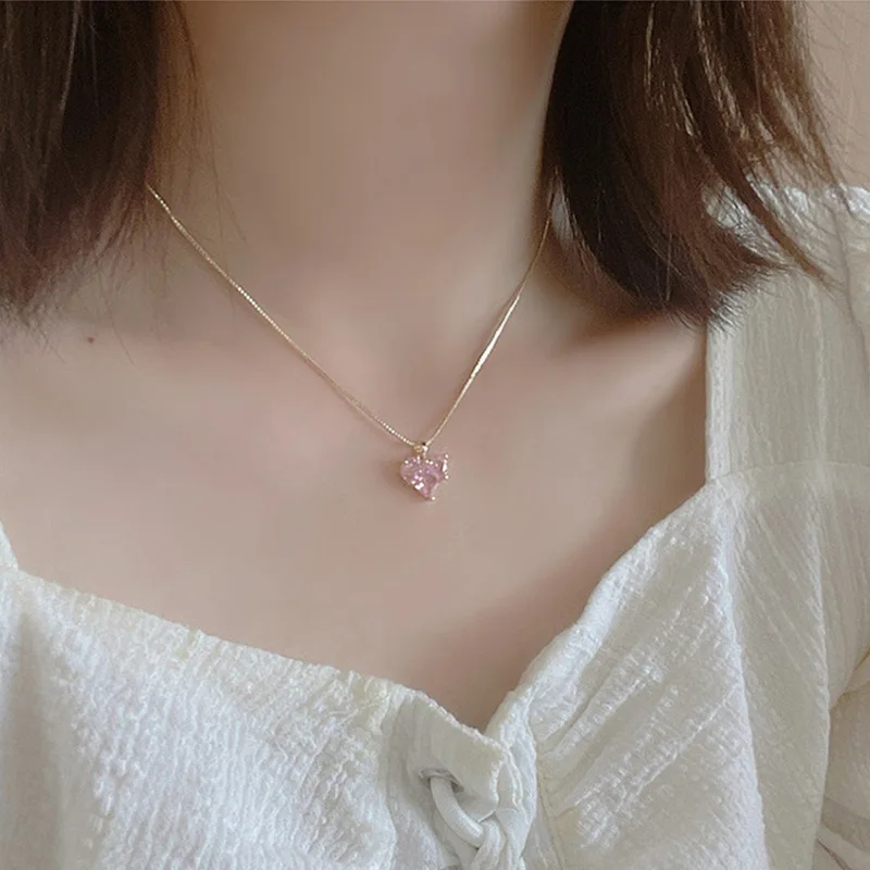Корейские 925 Серебряные иглы дизайнерские украшения Розовое сердце любовь циркон серьги ожерелье набор ювелирных изделий медное покрытие 14 карат настоящее золото