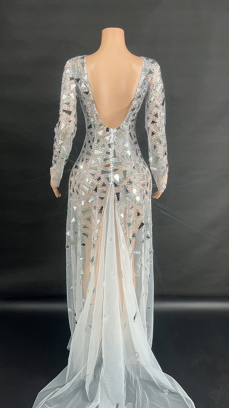 Customized Plus Size Singer stage show Sliver Sequin Mermaid Evening Dress Sexy High Slit Long Sleeve Party Mirror Dresses