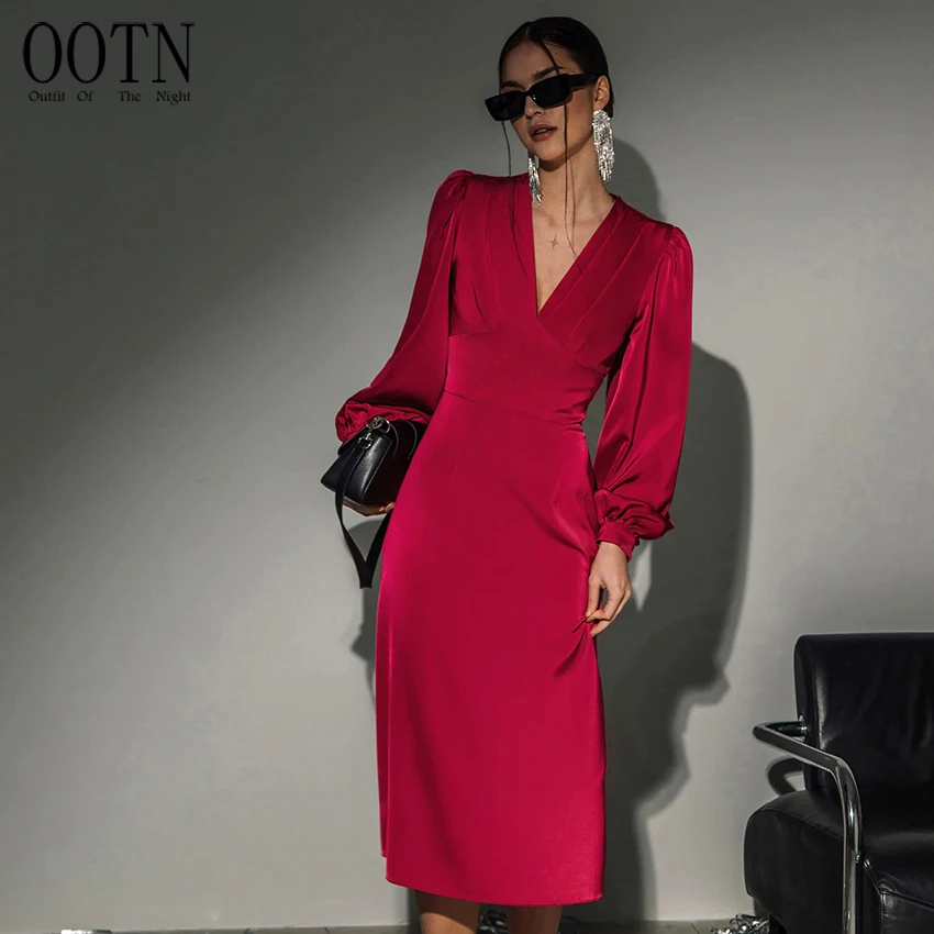 OOTN Ruched Sexy Ladies Satin Dresses 2023 Lantern Long Sleeve V-Neck Evening Midi Dress Party Elegant Women Red Dress
