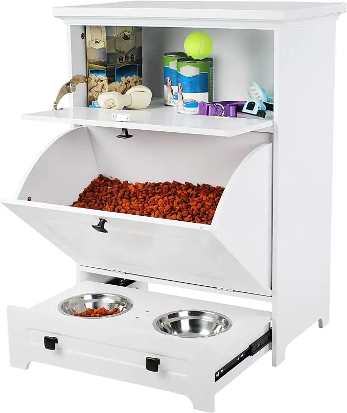 White Pet Feeder Station: Elevated Dog Bowl Stand with Integrated Food Storage Cabinet - Stylish Cat Feeding Station Furniture
