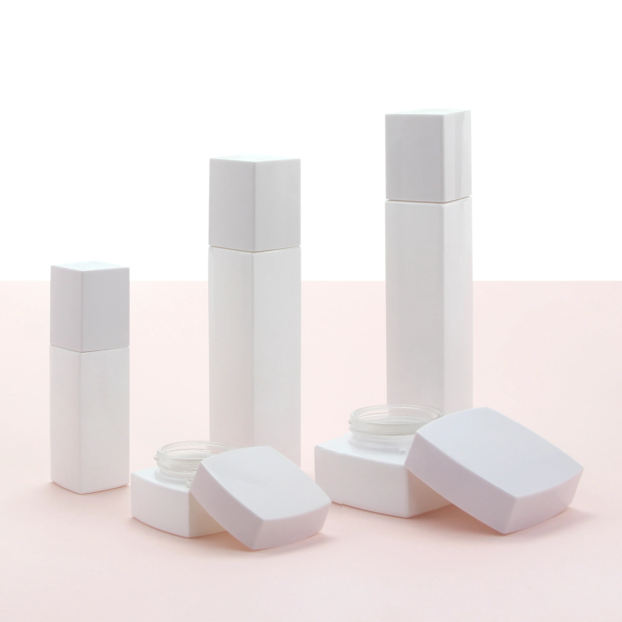 Wholesale thick bottom rectangle frosted glass cream jar and body lotion pump bottle for skincare packaging