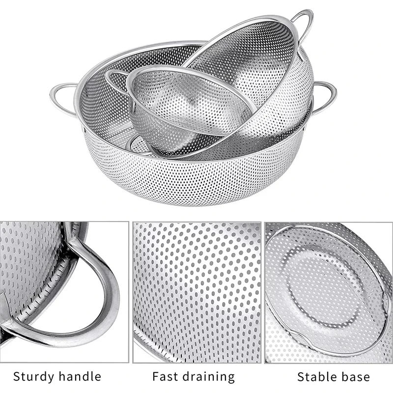 Wholesale Stainless Steel Kitchen Fruit Vegetables Washing Drain Basket Mixing Bowls Set Leach Strainer Colander