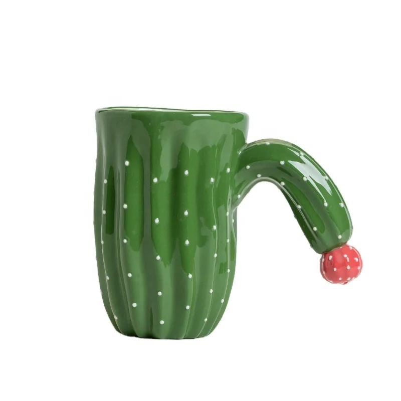 Green Cactus with White Spot Ceramic Commuter Mugs, 3D Cactus Plant Embossed Coffee Cups,Drinking Cup with Red Bud Handle