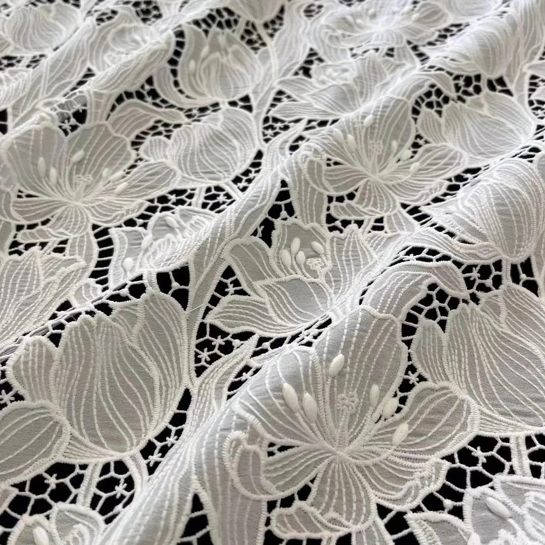 Высокое качество хлопок вышивка гипюр кружева африканский шнур кружевные ткани оптом белое водорастворимое кружево для свадебного платья