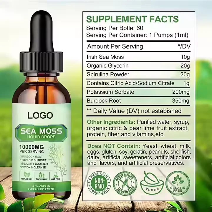 Seaweed liquid drops with organic black seed oil Irish seaweed gel burdock root elderberry vitamins C and D3 6 times stronger