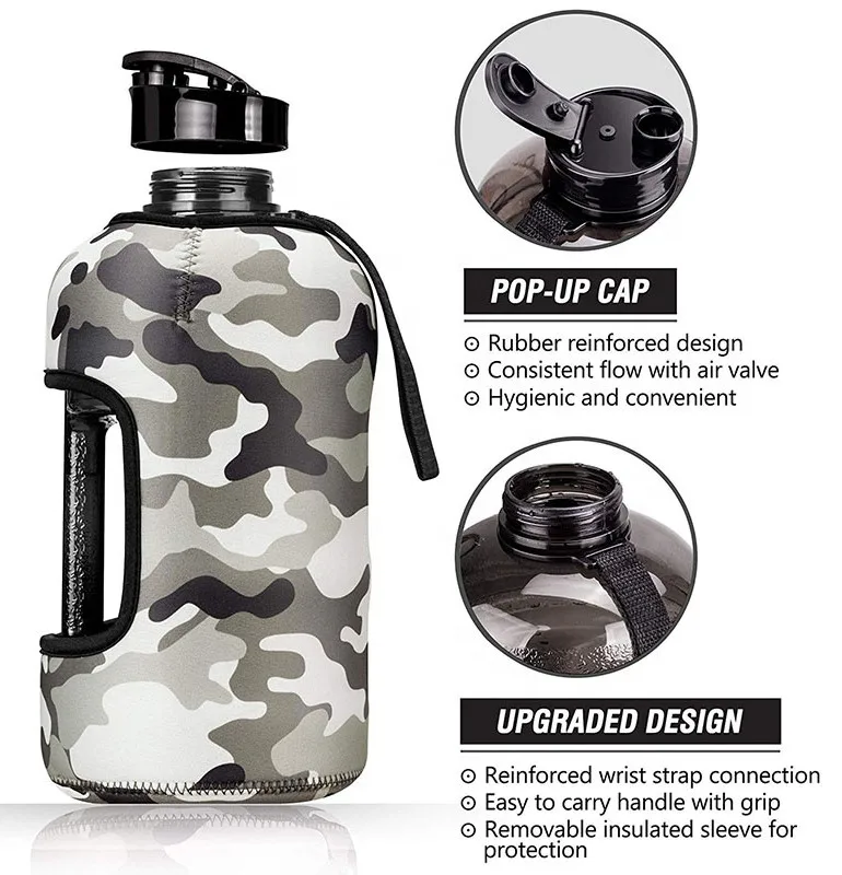 2.2L Half Gallon Gym Customized Sleeve Bodybuilding Bpa Free Big Sports Water Bottle With Case