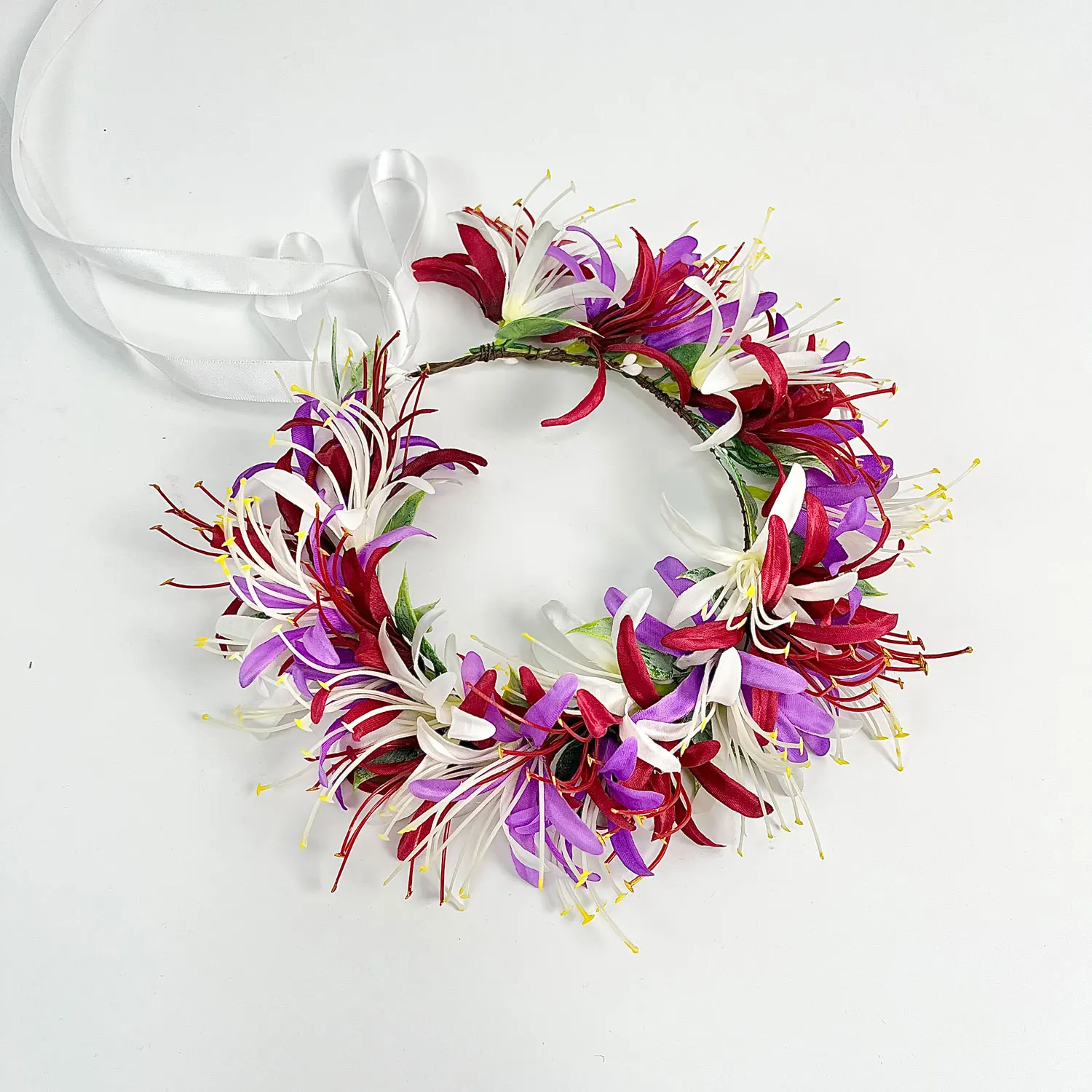 Artificial Spider Lily Headband Hawaiian Haku For Luau Merrie Monarch Polynesian Hula Dance Samoan Fabric Flower Headband Piece