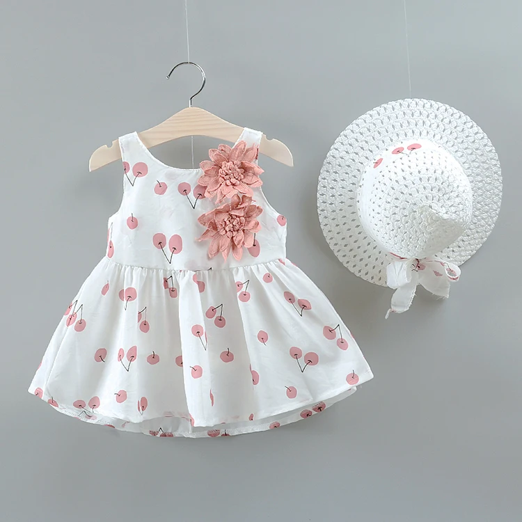 
Summer cute cotton blend baby kids clothes girl toddler dress with straw hat 