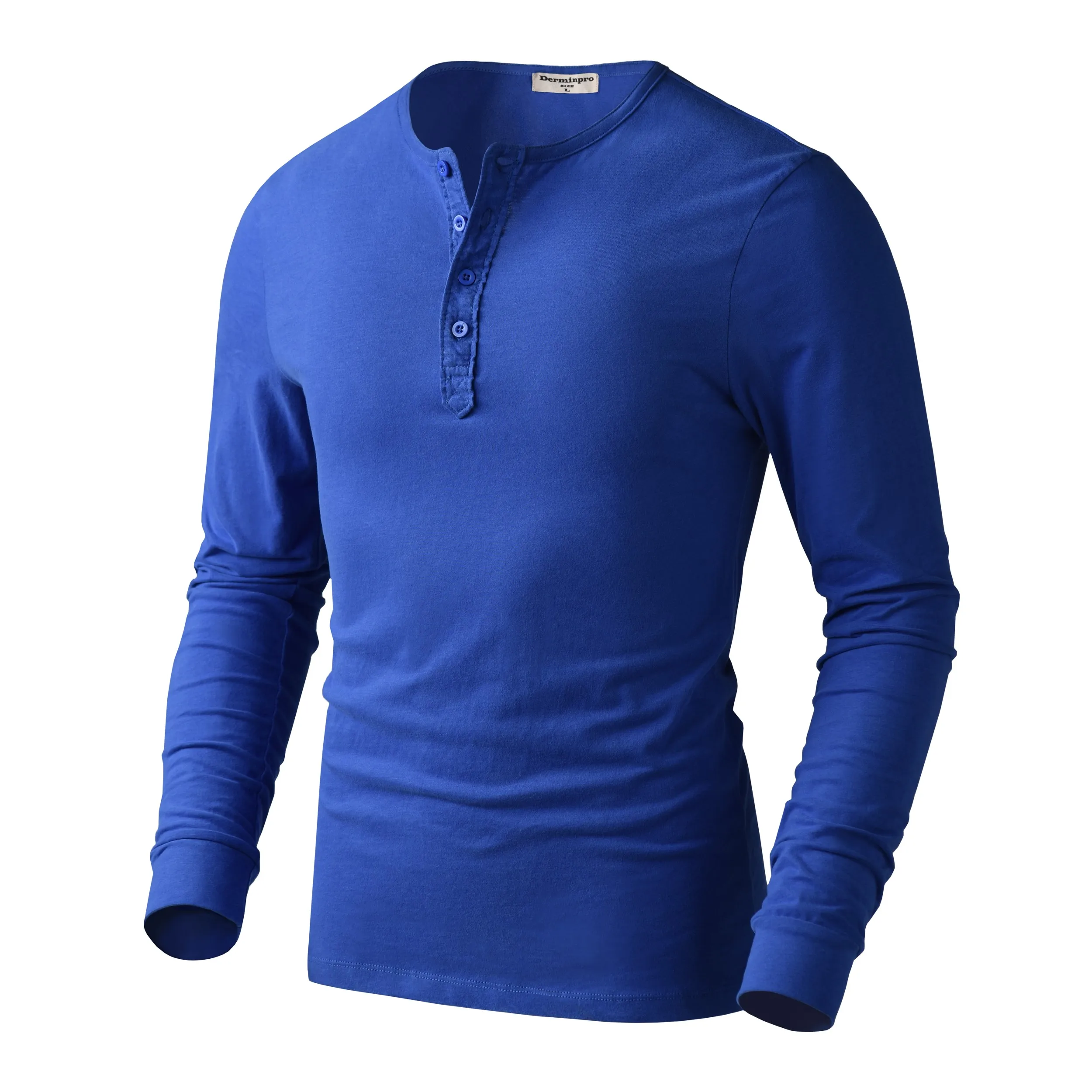 Customized logo label 100% cotton fabric V neck 4 button plackets mens long sleeve t shirts