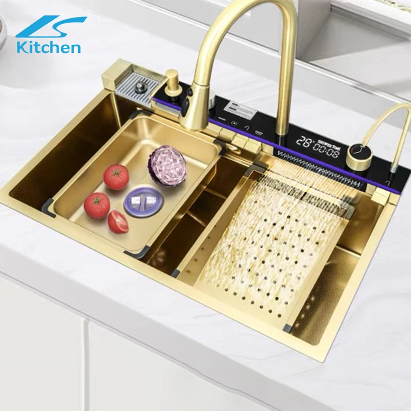 China manufacturer Smart Golden Luxury 304 Stainless Steel Nano Waterfall Rainfall Honeycomb Piano Key Kitchen Sink