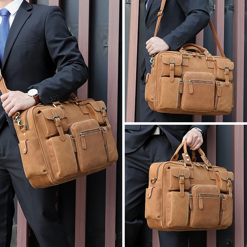 New High Quality Luxury 15.6 Inch Crazy Horse Leather Briefcase Men Satchel Laptop Genuine Leather Soft Briefcase Bag