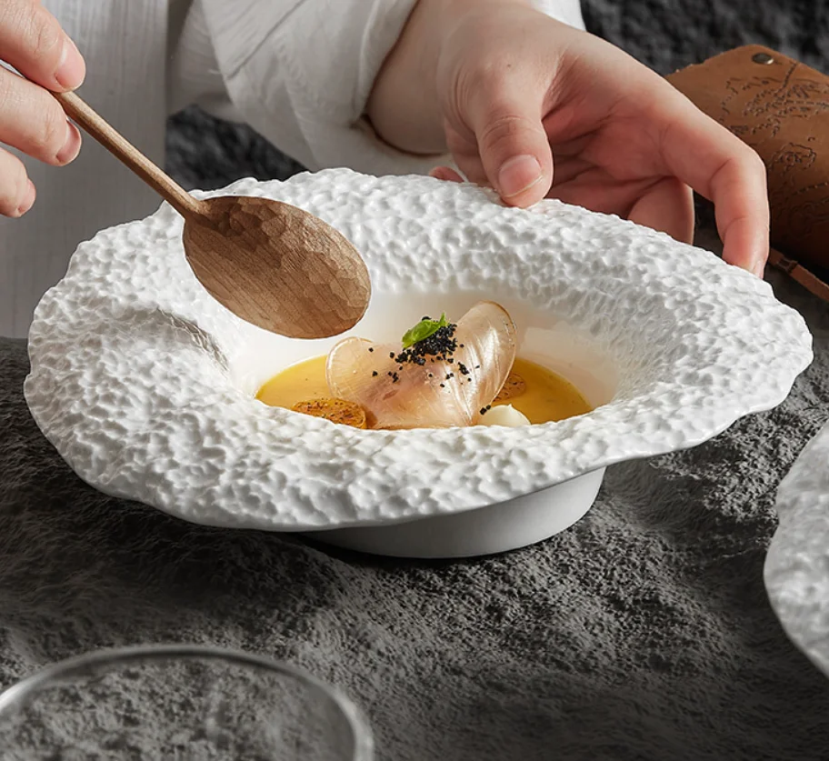 Hat Shape Hotel Wedding Restaurant Soup Plates Dinner Ceramic Porcelain Tableware with Rock Texture