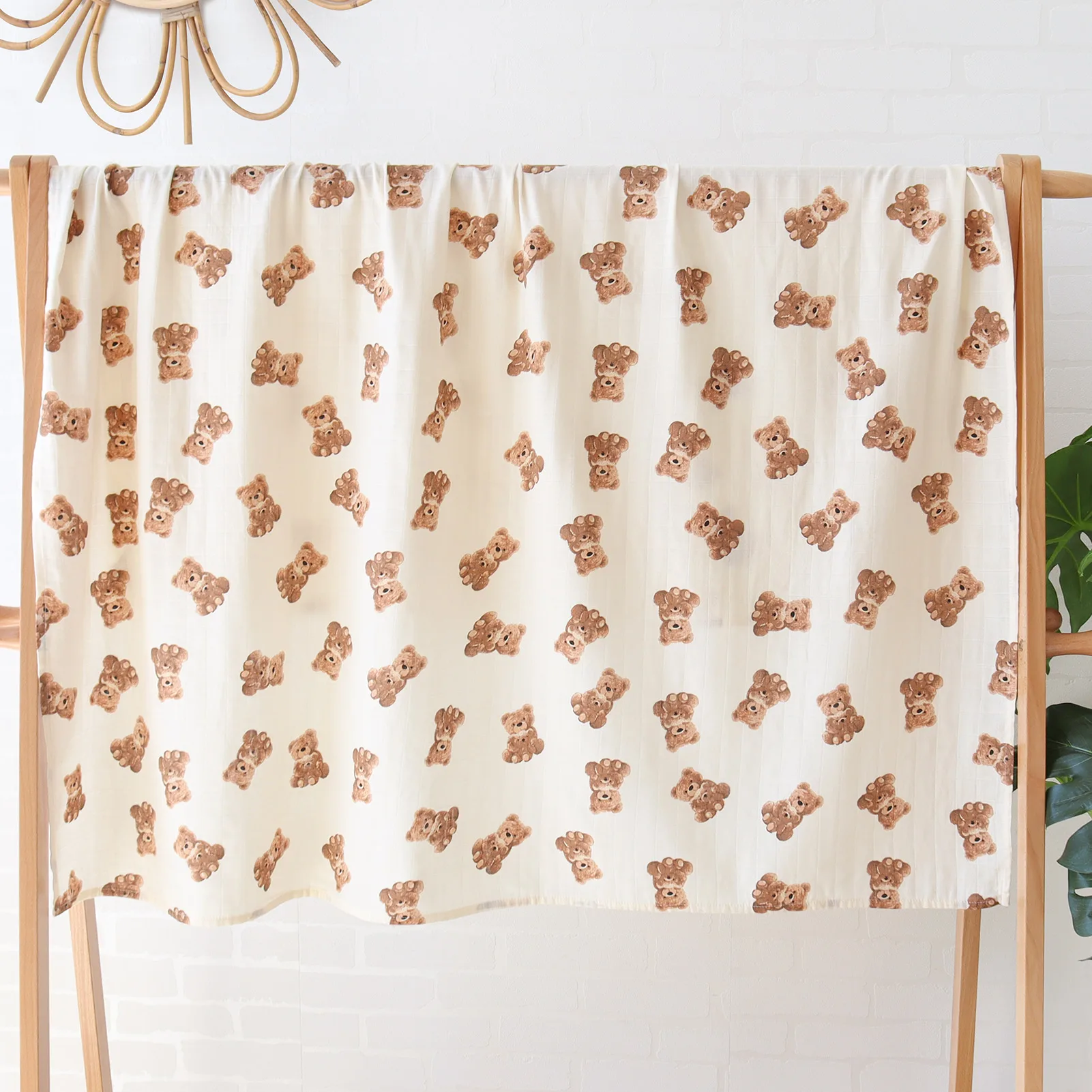 2022 Custom  Teddy Bear with Mom Printed Super Soft Organic Cotton Bamboo Newborn Baby Muslin  Swaddle Blanket Wrap Set