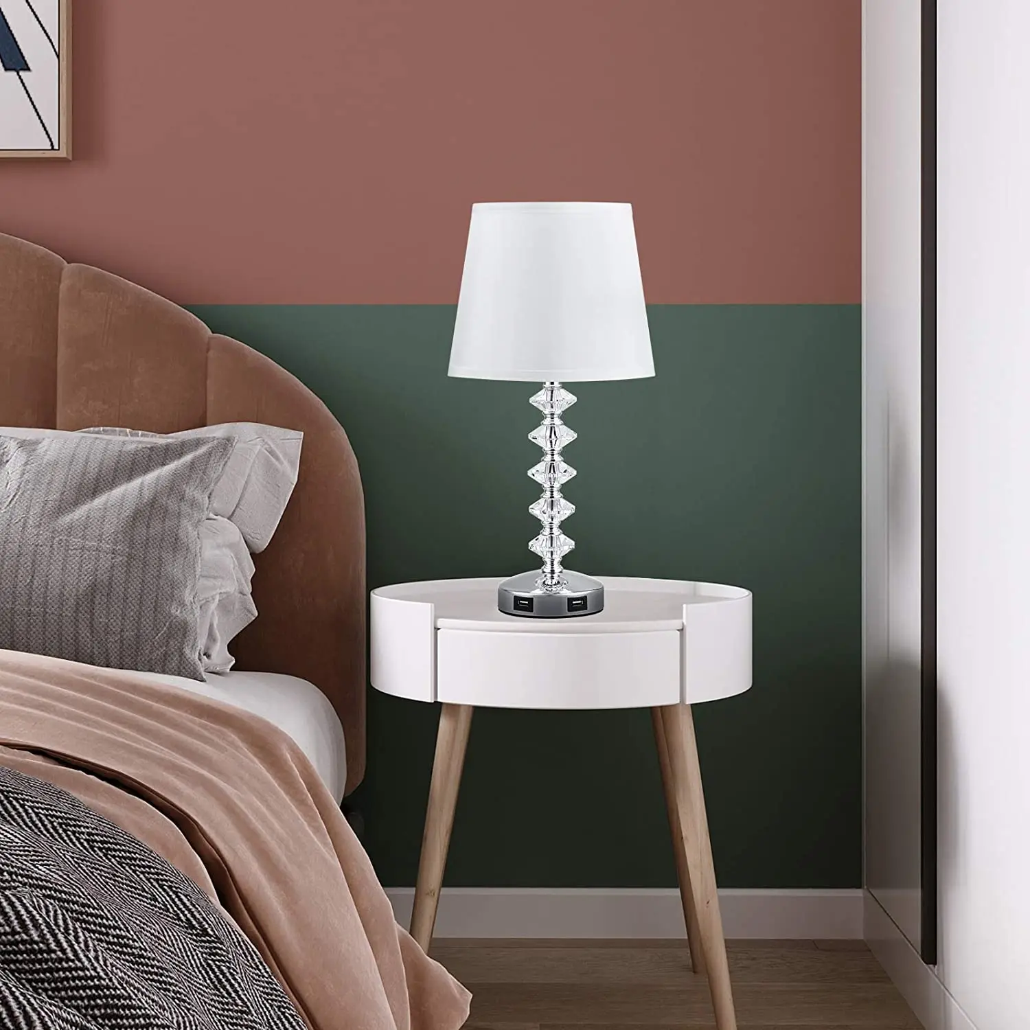 Touch Crystal Lamp for Bedroom with USB Ports White USB Bedside Table Lamp Nightstand Lamps