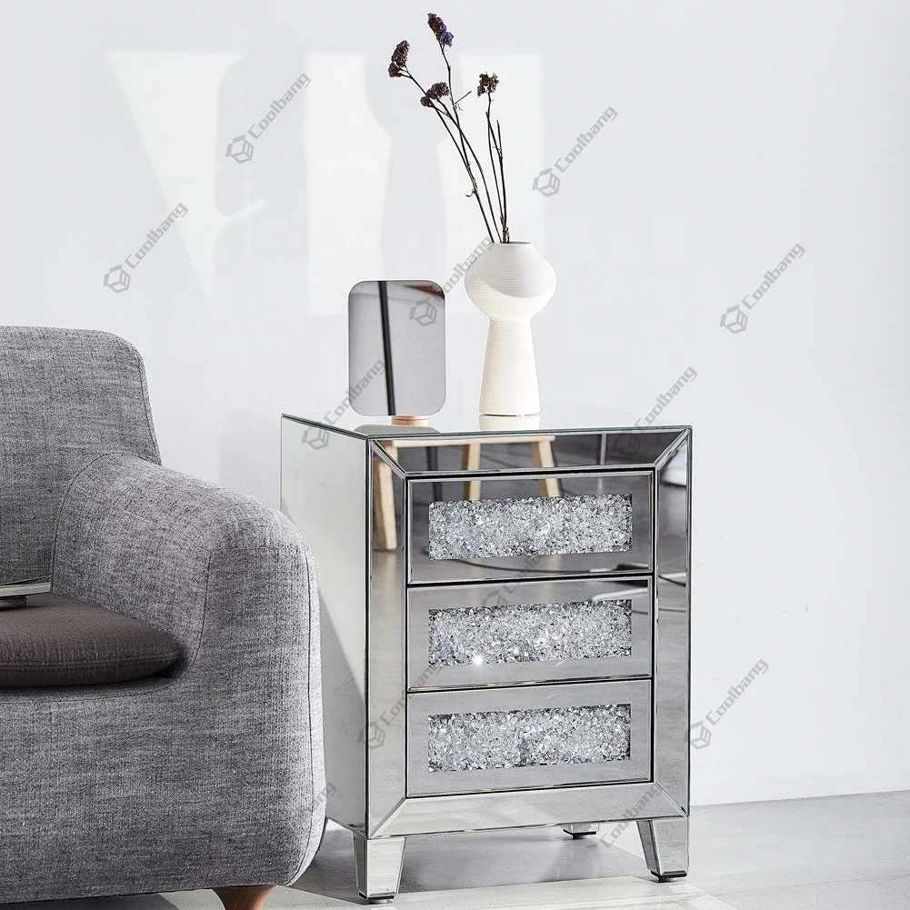 New Design Bedroom Furniture Black Glass Mirrored Bedside Table Nightstand