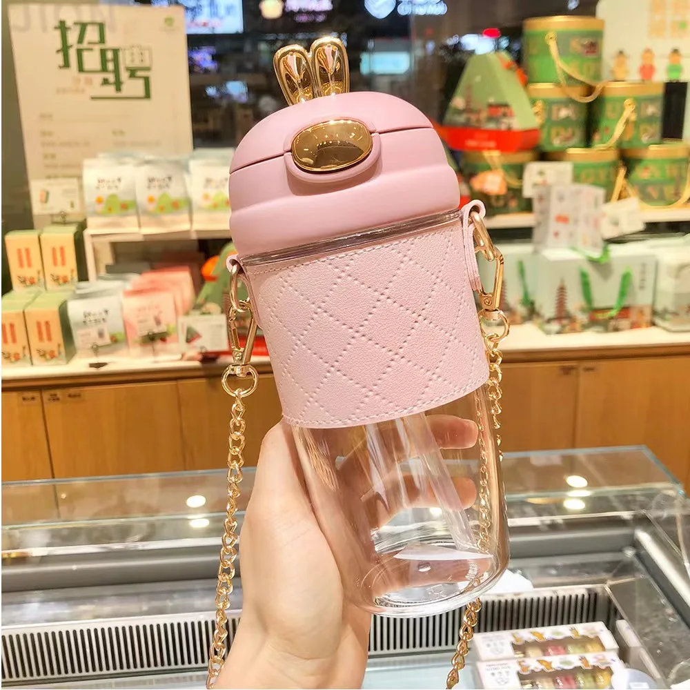 380ml 580ml cute rabbit ear Plastic water bottle Cup ins girl kids portable plastic bottle with straw pearls metal chain strap
