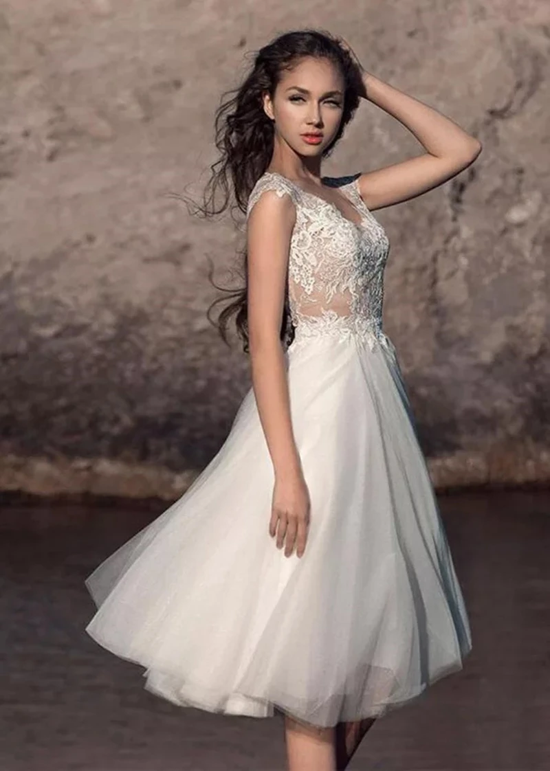 13571 # короткими цельнокроеными рукавами Vestido De Novia в богемном стиле V образным вырезом Тюль Кружева Аппликация до колена Короткое свадебное платье невесты 2022