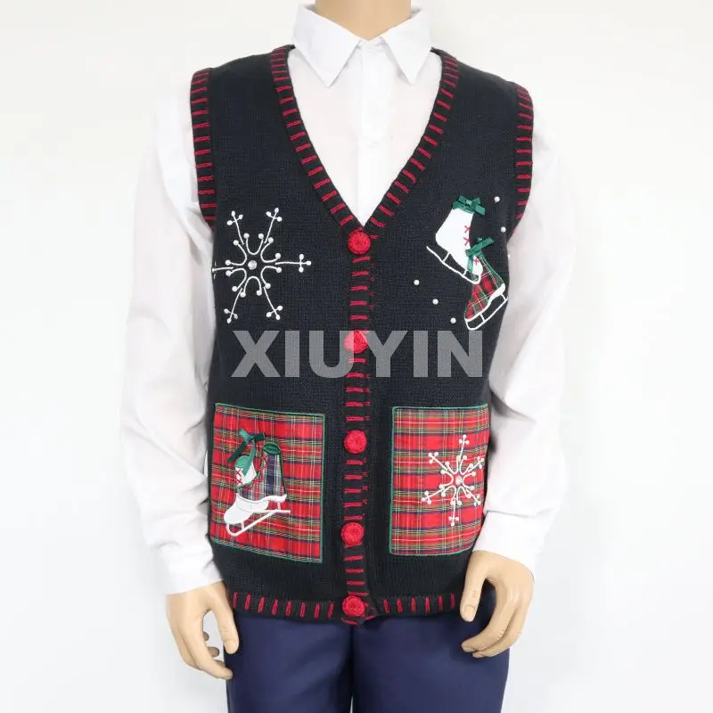 
Multi-Color ugly Christmas sweater Vest with pockets embroidered pattern Winter thick jacquard cardigan with buttons 