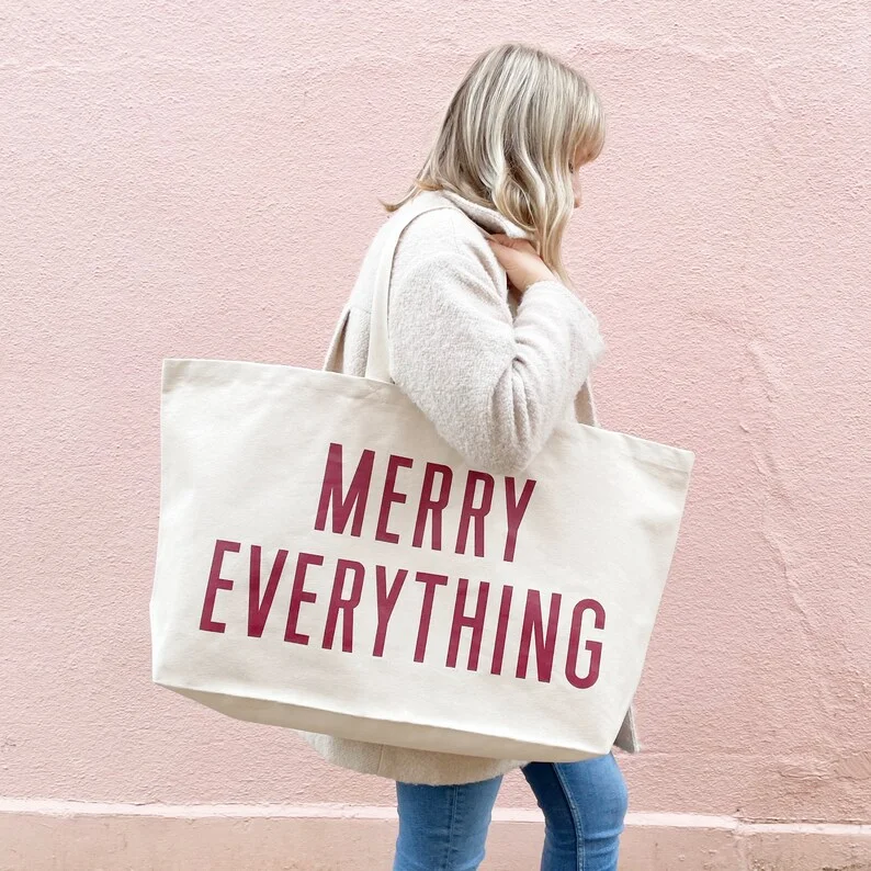 Merry Everything Really Big Christmas Bag Giant Canvas Grocery Maxi Shopper Bag custom Extra Large logo low moq