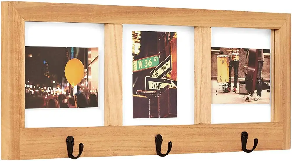 Rustic Wall Mounted Wooden Picture Frame with Metal Key Hook.