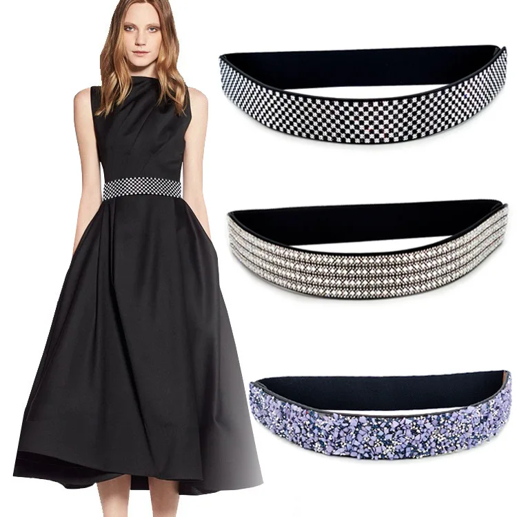 Fashion Handmade Rhinestone Inlay Elastic Elastic Waist Seal Skirt Coat Embellishment Wide Belt Elastic Black Buckle Belt