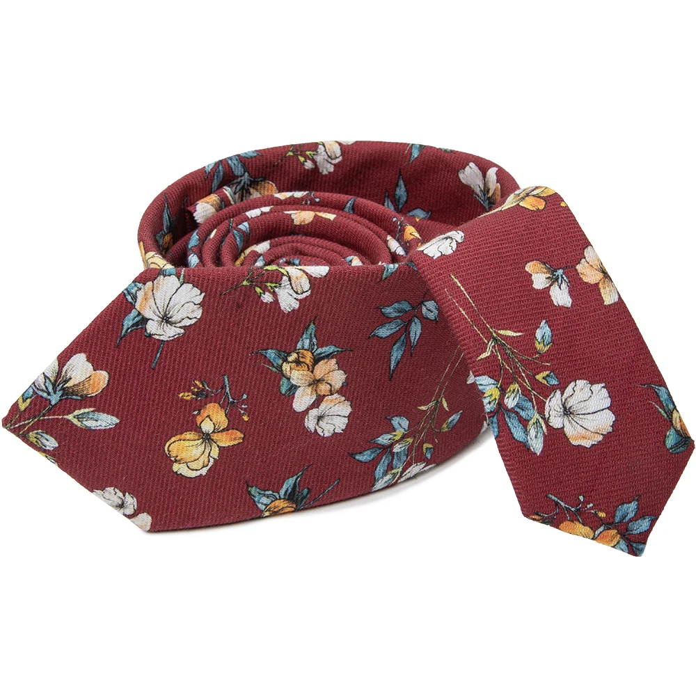 Handmade  High-Quality 100% cotton Floral vintage style tie red Printed necktie for Men groom groomsmen
