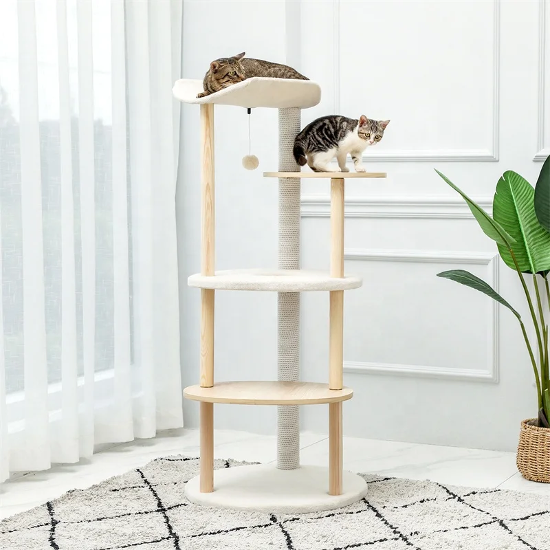 Multi-level Wooden Cat Tree Tower Cat Scratcher Tree Cat Activity Center Beige