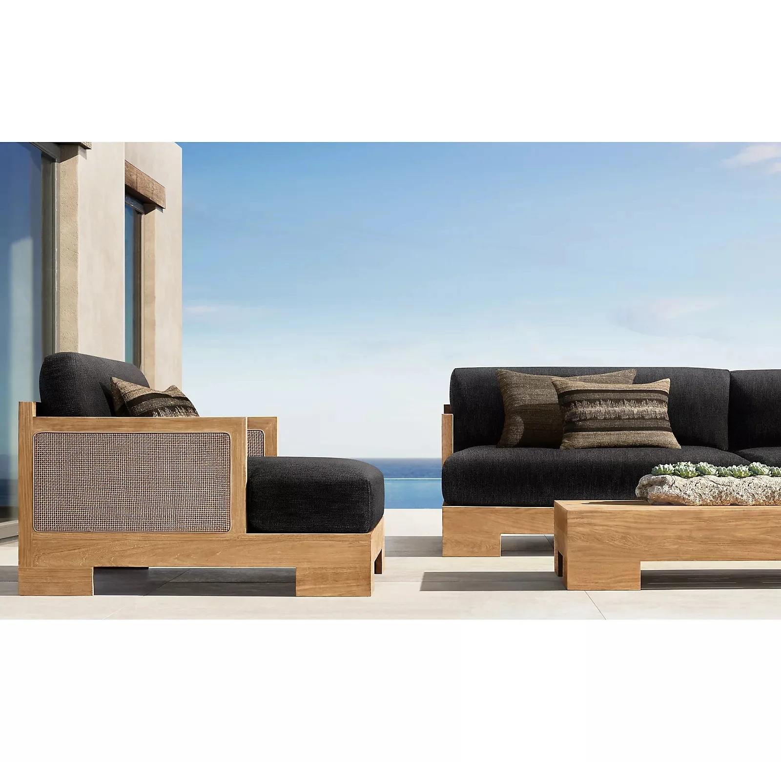 Classic Wide-Plank Outdoor Furniture Geometric Angles Matching Cushions Natural Teak Sofa Set