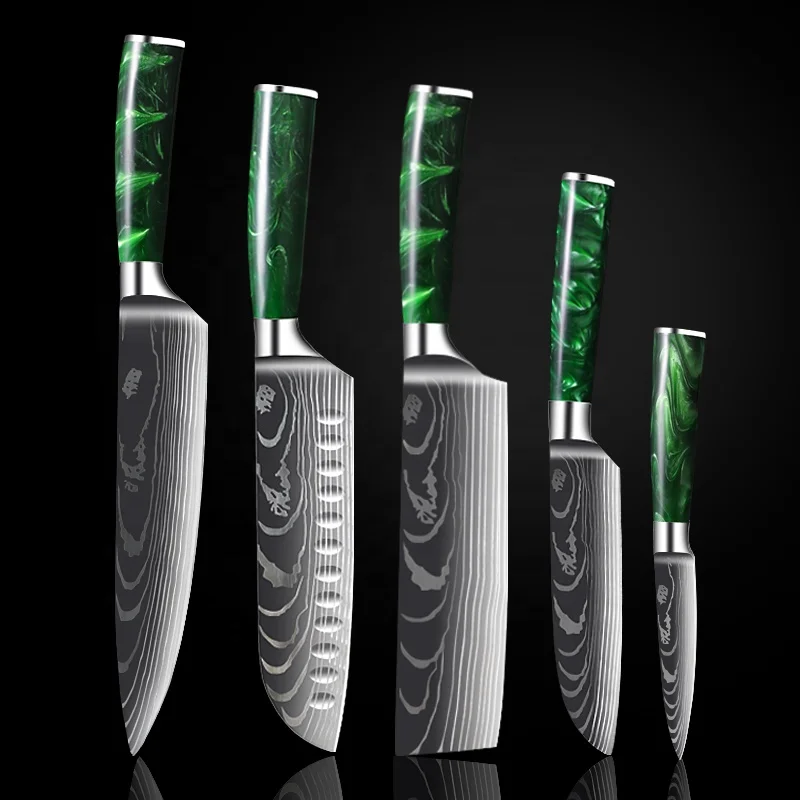 Exquisite Green  resin handle Laser Damascus pattern Chef knife Santoku Cleaver Slicing Knives Set