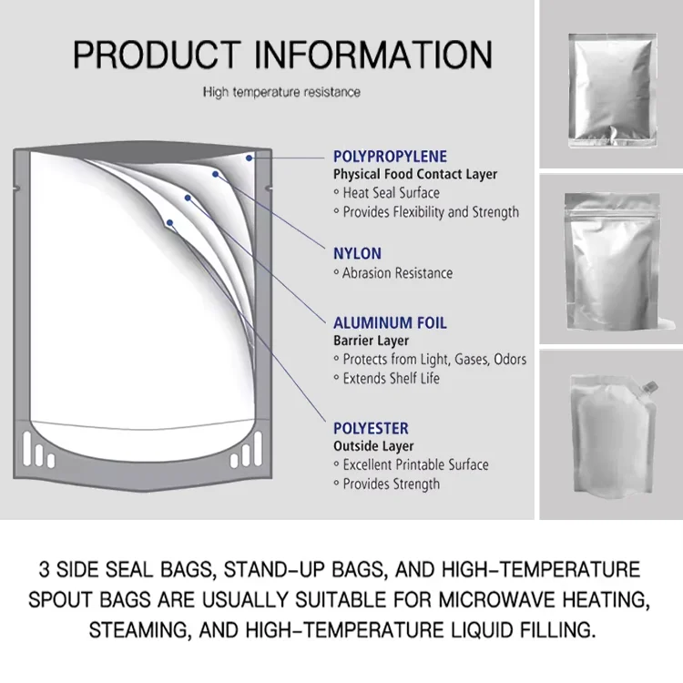 Silver Mylar Retort Package Food Seafood Boiling Bags Self Heating Food Pack Heating Retort Packaging Pouches Foil Bag