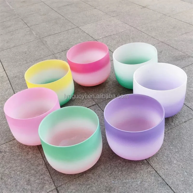 GY Colored Chakra Singing Bowl Set  Frosted Quartz Crystal Singing Bowl