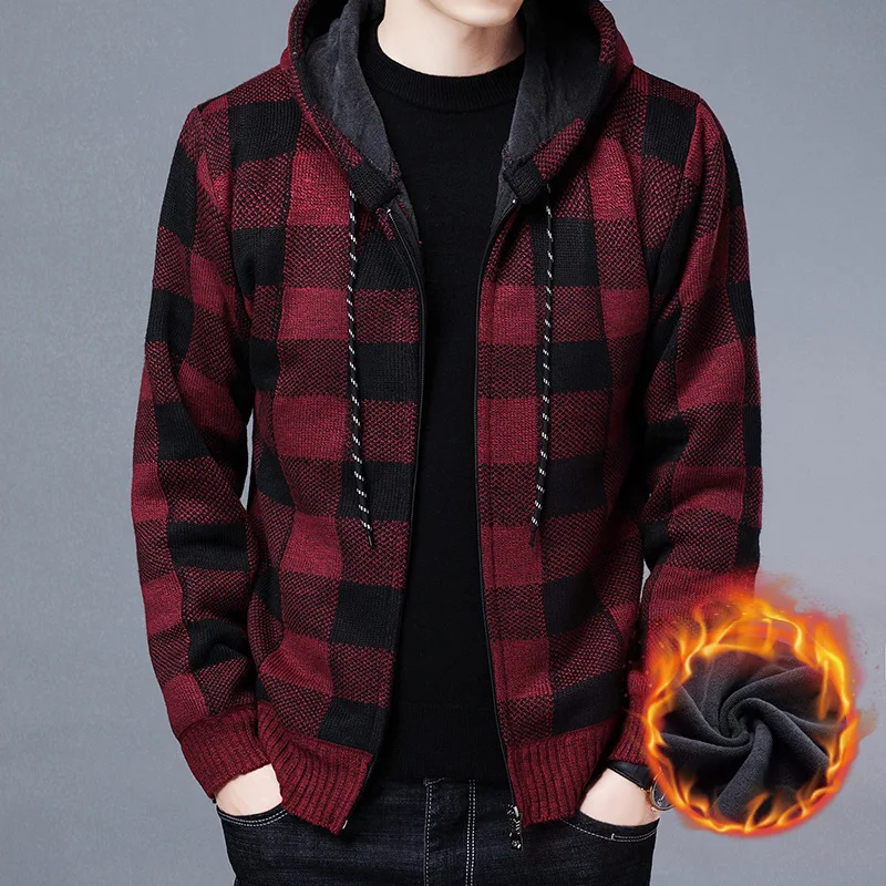 Plaid Hooded Cardigan Men Clothing Winter Knitted Cardigan Sweater Men Coats Fashion M-3XL 2022 Spring Clothing Casual Printed