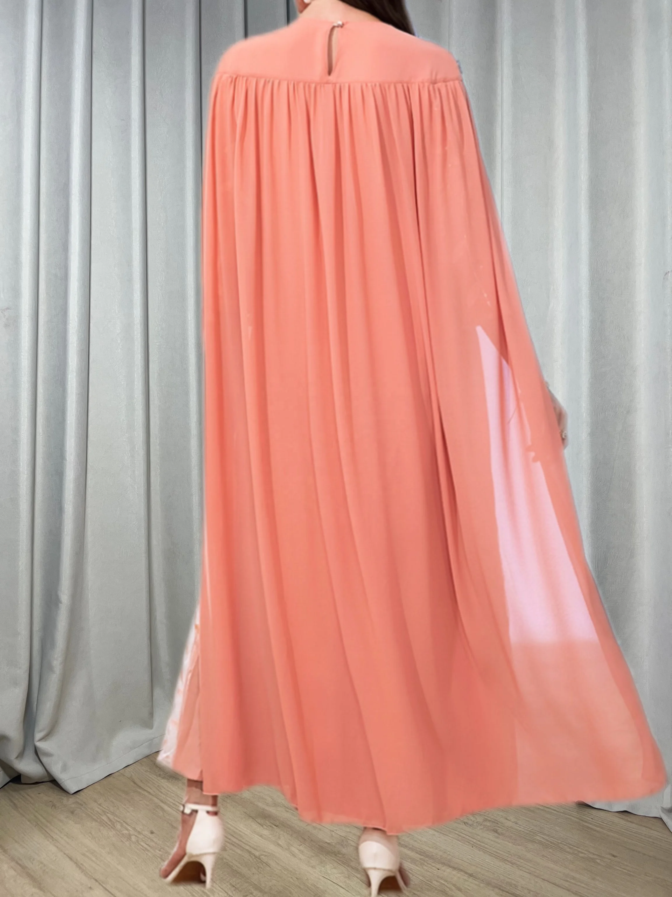 Customized Leaf Mesh Embroidery Cloak Middle East Moroccan Kaftans Dubai Women Long Robe Evening Party Muslim Dresses