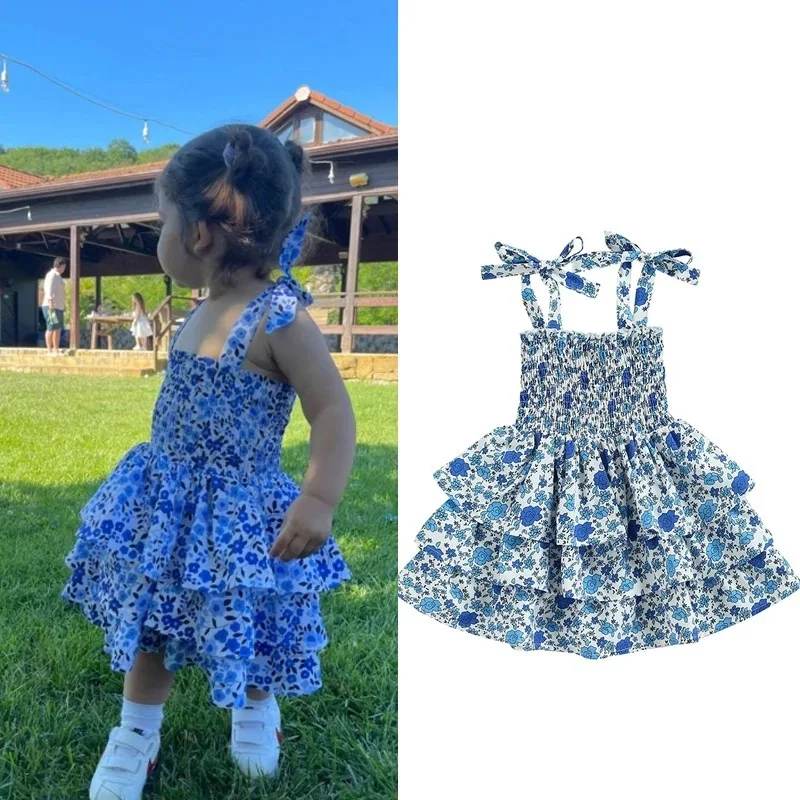 Girls Summer New Dresses Infant Floral Sling Dress Fashion Girls Design Pleated Dresses