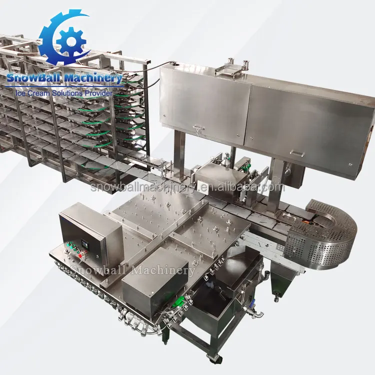 Automatic chocolate coating enrobing stick ice cream bars cone bites cube extrusion hardening tunnel production line machine