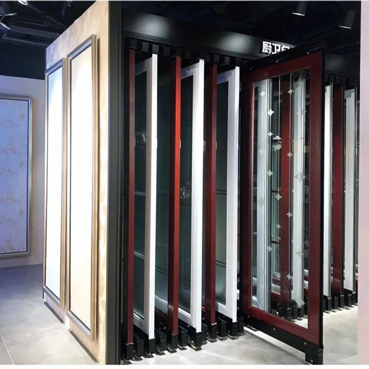 Customized Pull Push And Rotate Display Door Tile Stands Metal Frame Doors And Tile Displays Rack Wooden Door Display Stand