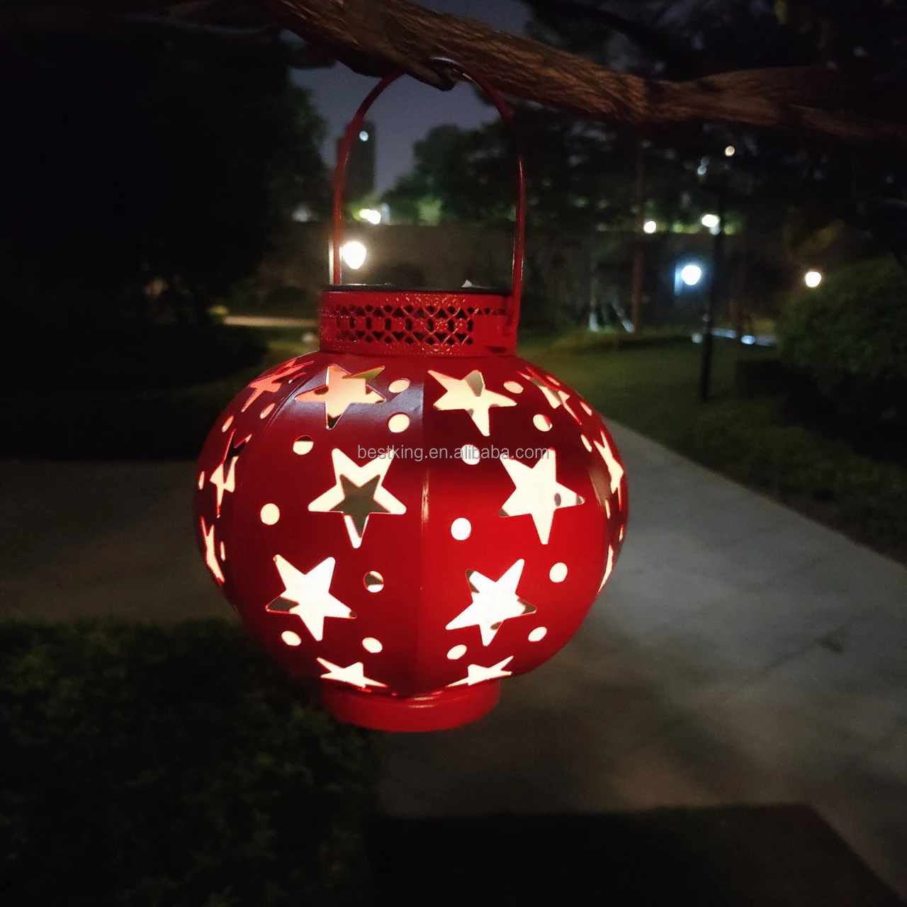 Waterproof IP44 outdoor solar powered iron five-star lantern for courtyard garden decoration